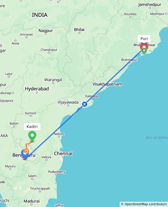 Route map showing distance and travel time from Kadiri, India to Puri, India