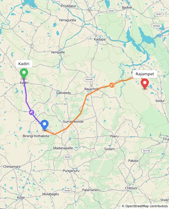 Route map showing distance and travel time from Kadiri, India to Rajampet, India