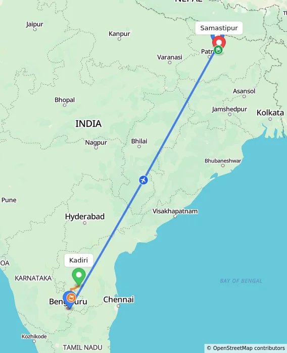 Route map showing distance and travel time from Kadiri, India to Samastipur, India