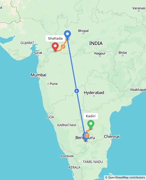 Route map showing distance and travel time from Kadiri, India to Shahada, India