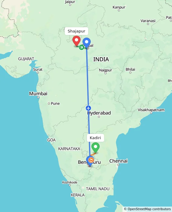 Route map showing distance and travel time from Kadiri, India to Shajapur, India