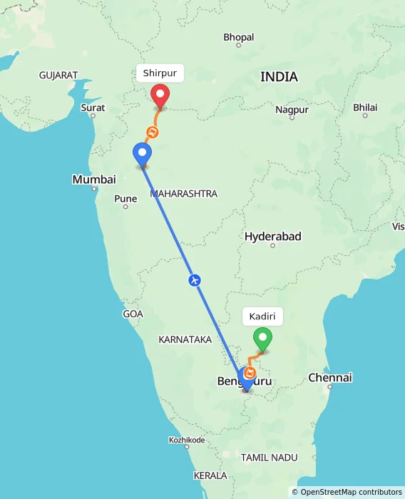 Route map showing distance and travel time from Kadiri, India to Shirpur, India