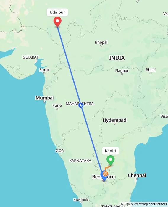 Route map showing distance and travel time from Kadiri, India to Udaipur, India