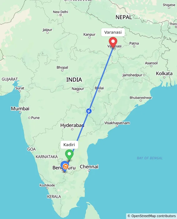 Route map showing distance and travel time from Kadiri, India to Varanasi, India