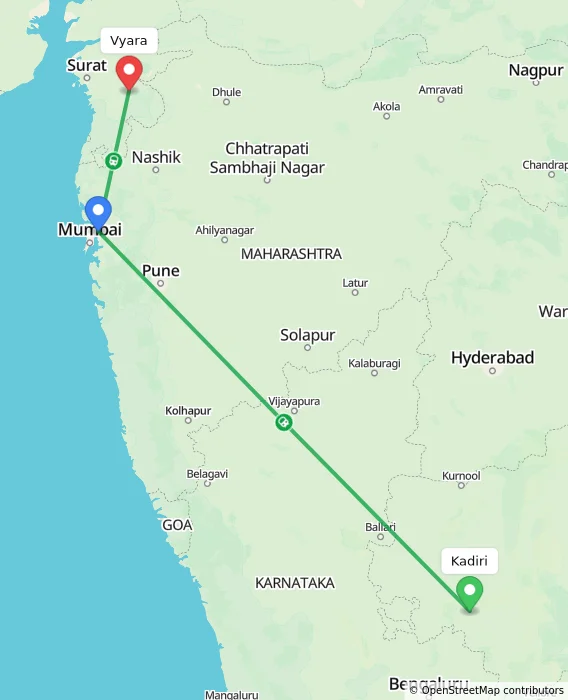 Route map showing distance and travel time from Kadiri, India to Vyara, India