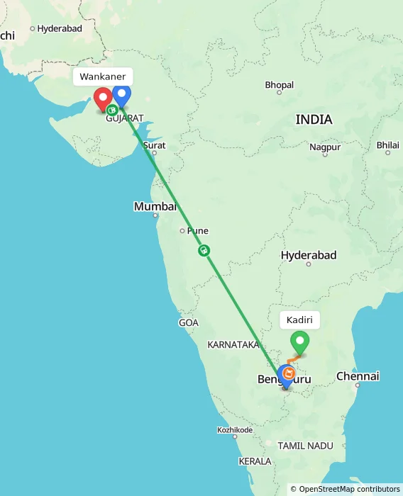 Route map showing distance and travel time from Kadiri, India to Wankaner, India