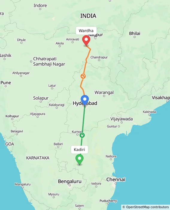 Route map showing distance and travel time from Kadiri, India to Wardha, India