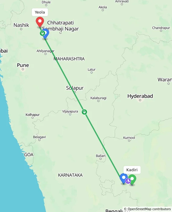 Route map showing distance and travel time from Kadiri, India to Yeola, India