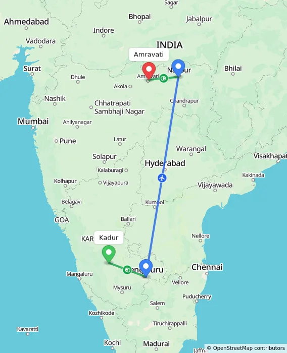 Route map showing distance and travel time from Kadur, India to Amravati, India