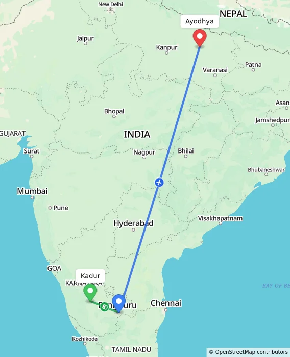 Route map showing distance and travel time from Kadur, India to Ayodhya, India