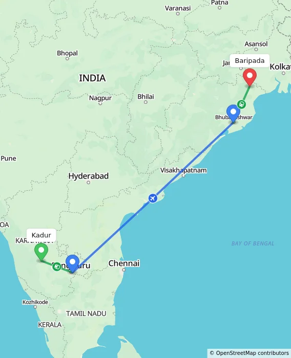 Route map showing distance and travel time from Kadur, India to Baripada, India