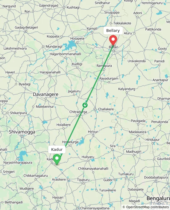 Route map showing distance and travel time from Kadur, India to Bellary, India