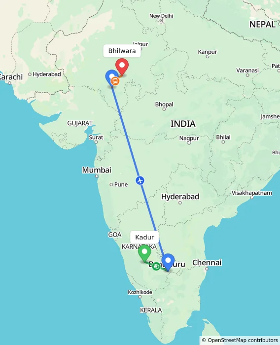 Route map showing distance and travel time from Kadur, India to Bhilwara, India