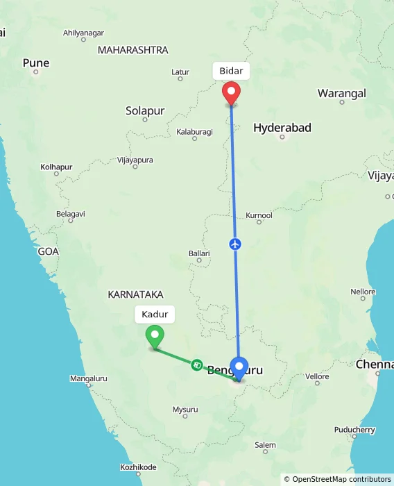 Route map showing distance and travel time from Kadur, India to Bidar, India