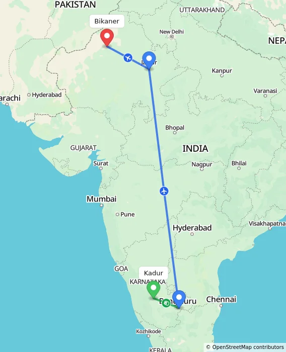 Route map showing distance and travel time from Kadur, India to Bikaner, India