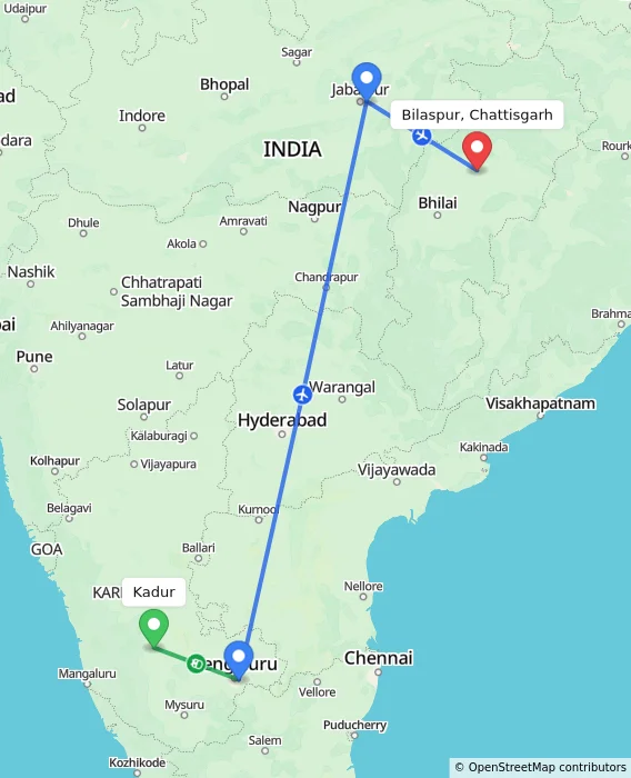 Route map showing distance and travel time from Kadur, India to Bilaspur, Chattisgarh, India