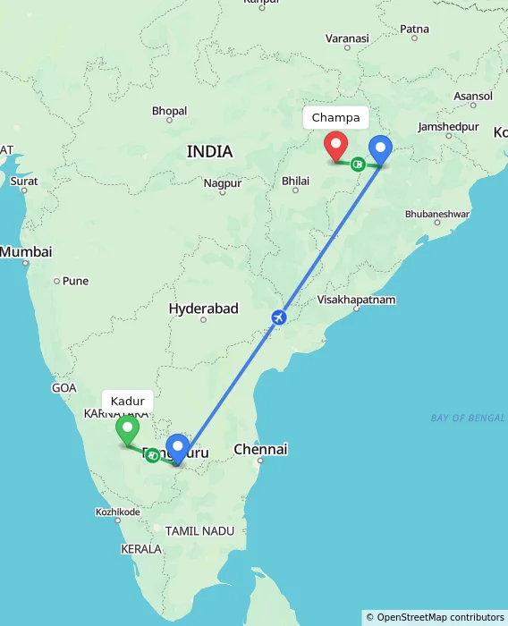 Route map showing distance and travel time from Kadur, India to Champa, India