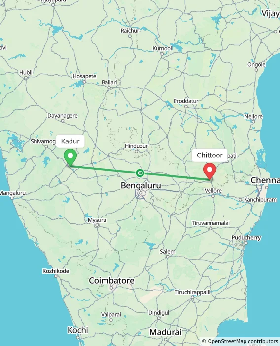 Route map showing distance and travel time from Kadur, India to Chittoor, India
