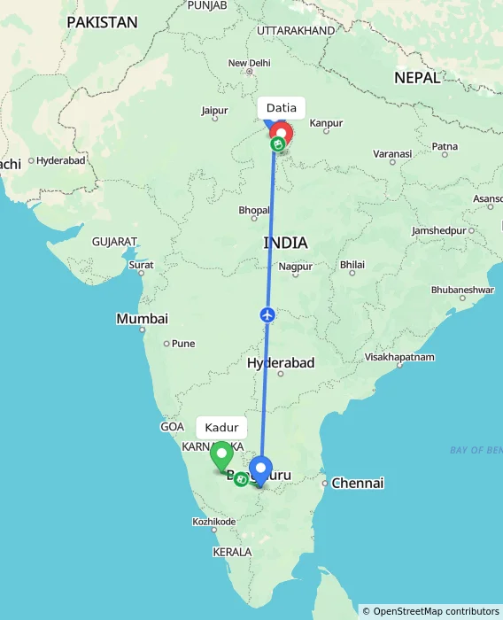 Route map showing distance and travel time from Kadur, India to Datia, India