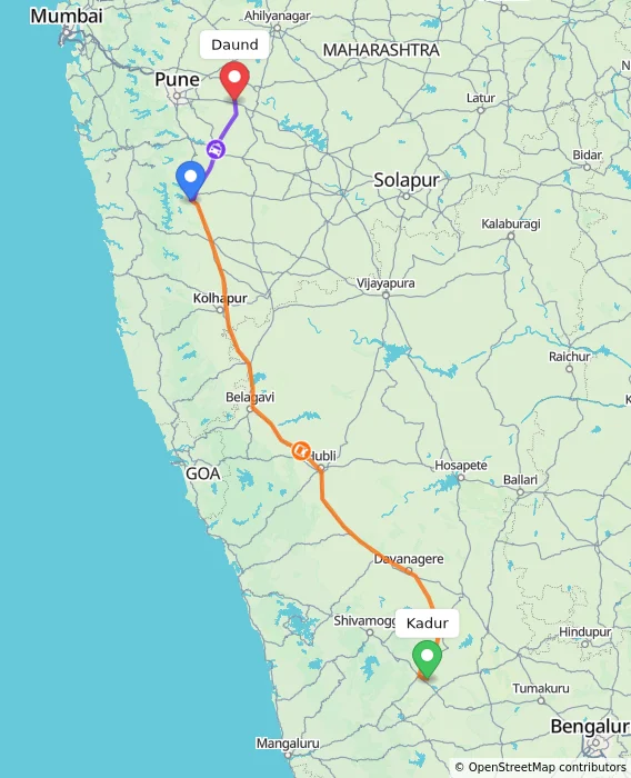 Route map showing distance and travel time from Kadur, India to Daund, India