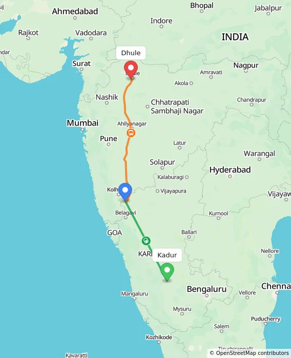 Route map showing distance and travel time from Kadur, India to Dhule, India