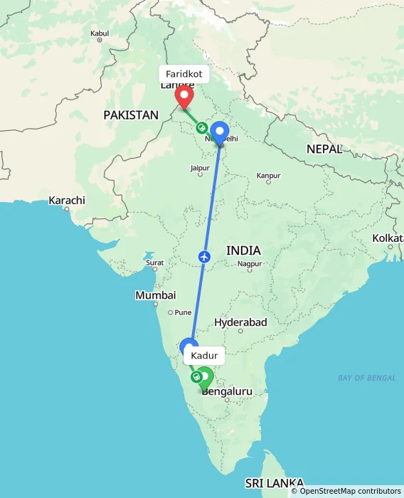 Route map showing distance and travel time from Kadur, India to Faridkot, India