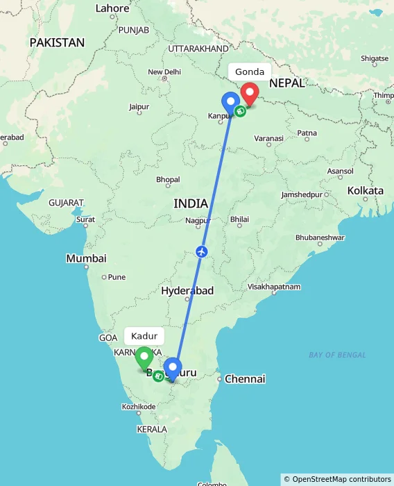 Route map showing distance and travel time from Kadur, India to Gonda, India