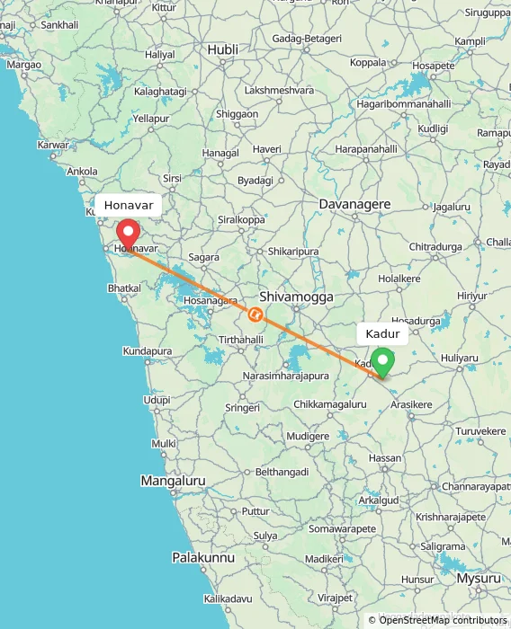 Route map showing distance and travel time from Kadur, India to Honavar, India