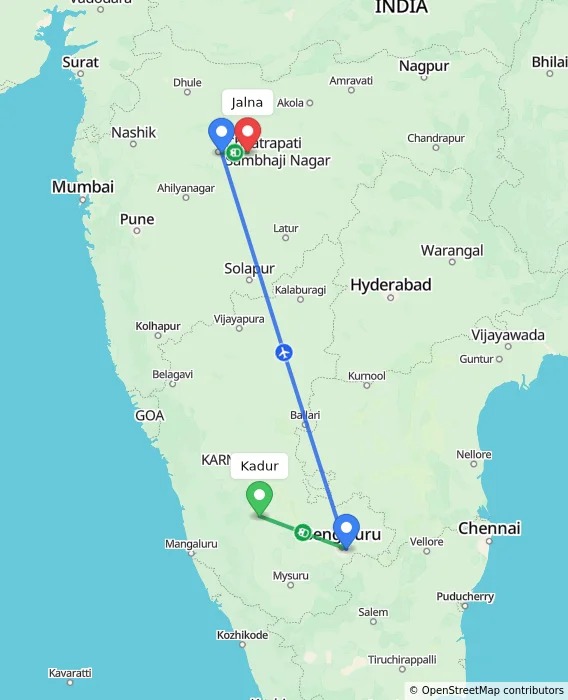 Route map showing distance and travel time from Kadur, India to Jalna, India