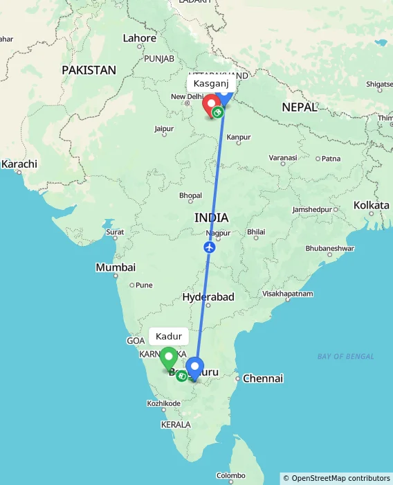 Route map showing distance and travel time from Kadur, India to Kasganj, India