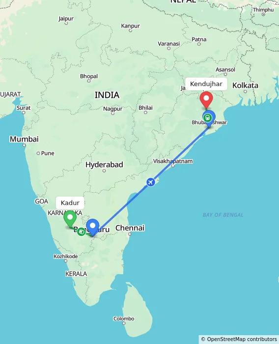 Route map showing distance and travel time from Kadur, India to Kendujhar, India