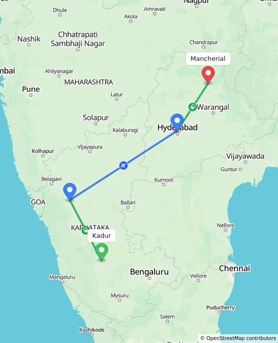 Route map showing distance and travel time from Kadur, India to Mancherial, India