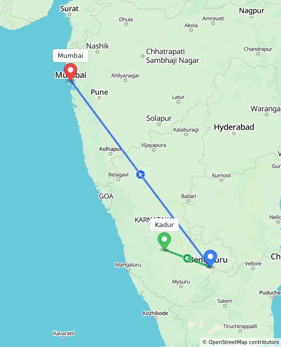 Route map showing distance and travel time from Kadur, India to Mumbai, India