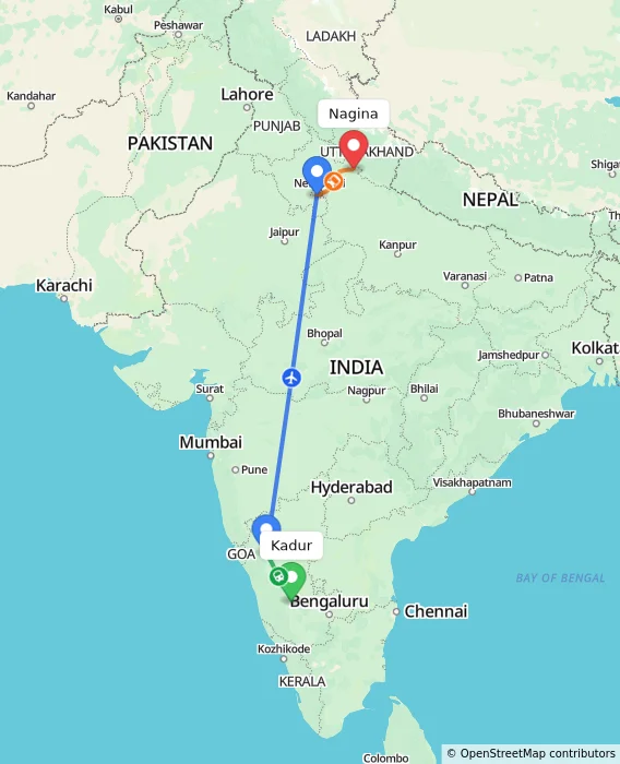 Route map showing distance and travel time from Kadur, India to Nagina, India