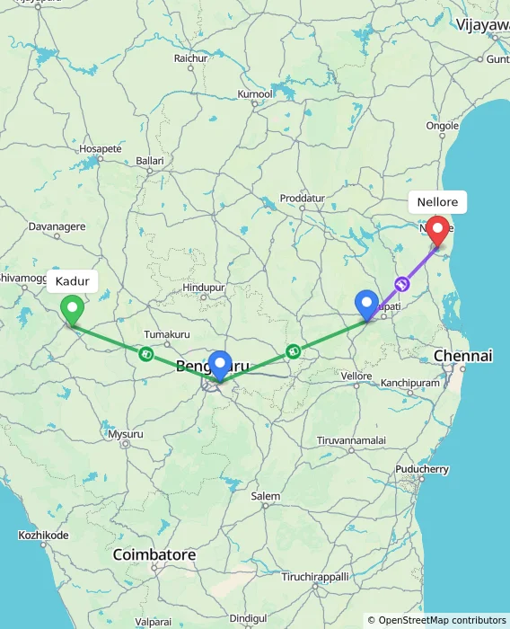 Route map showing distance and travel time from Kadur, India to Nellore, India