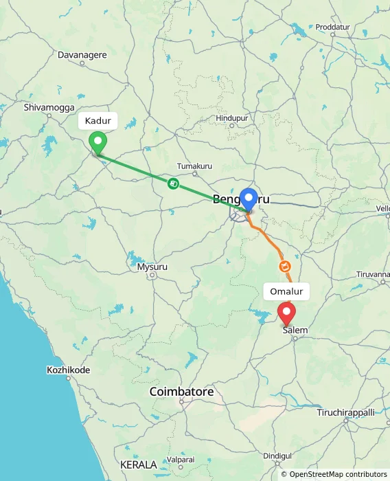 Route map showing distance and travel time from Kadur, India to Omalur, India