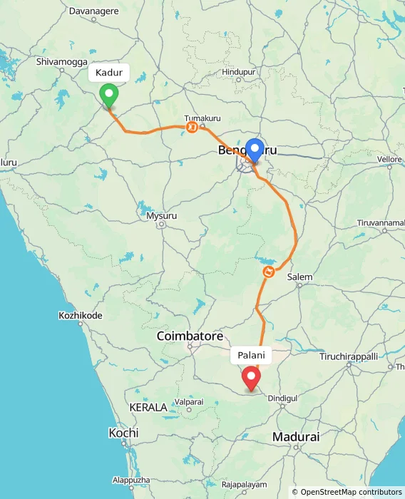 Route map showing distance and travel time from Kadur, India to Palani, India