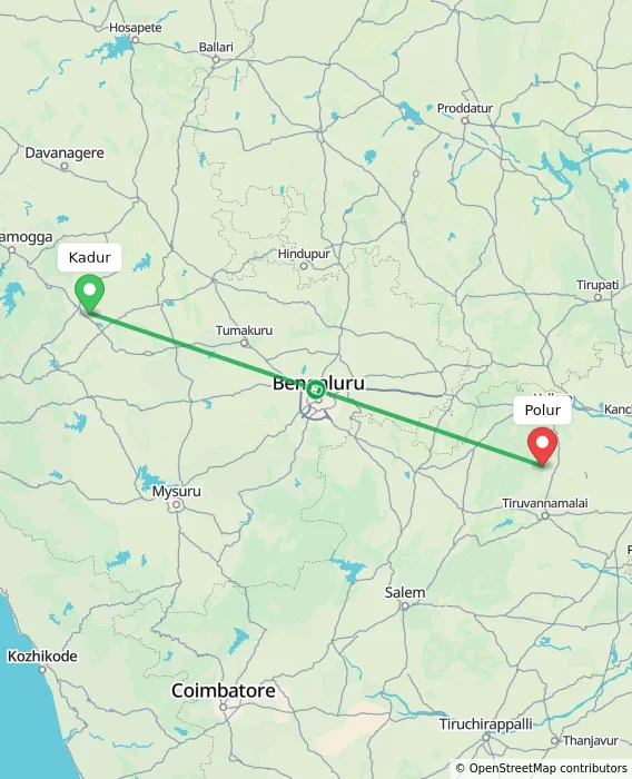 Route map showing distance and travel time from Kadur, India to Polur, India