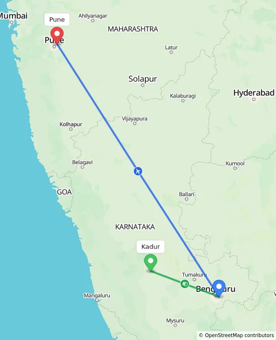 Route map showing distance and travel time from Kadur, India to Pune, India