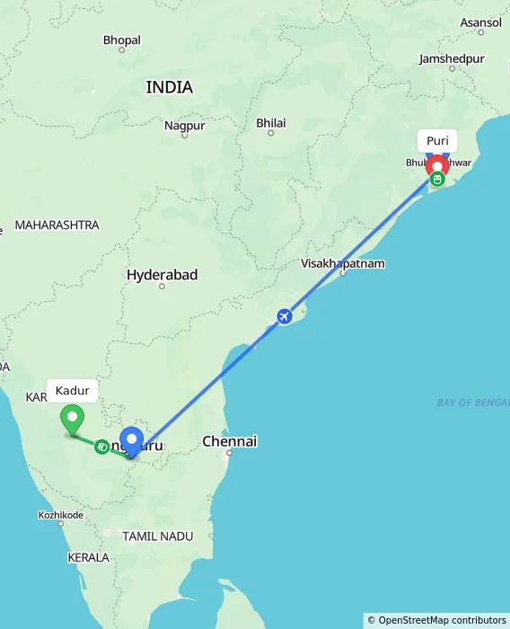 Route map showing distance and travel time from Kadur, India to Puri, India