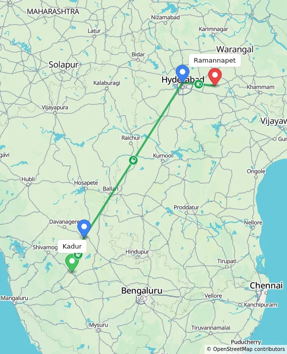 Route map showing distance and travel time from Kadur, India to Ramannapet, India