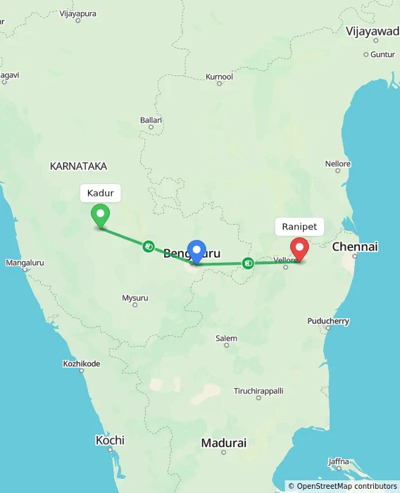 Route map showing distance and travel time from Kadur, India to Ranipet, India