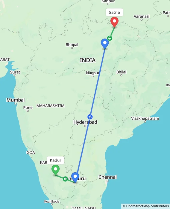 Route map showing distance and travel time from Kadur, India to Satna, India