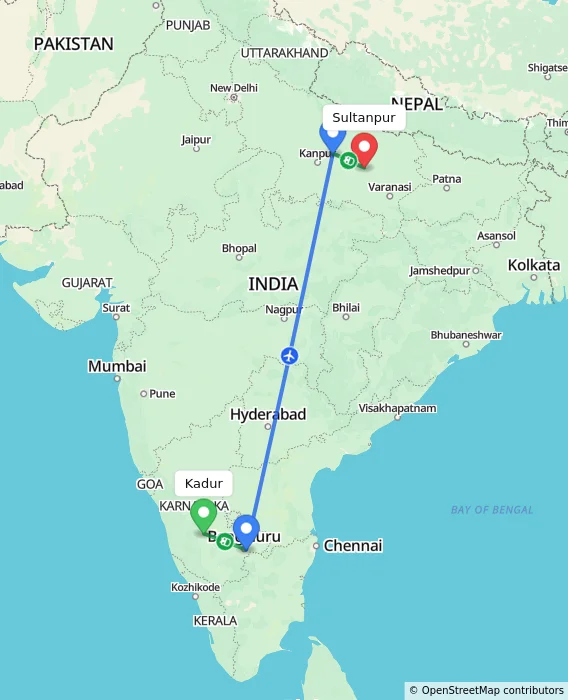 Route map showing distance and travel time from Kadur, India to Sultanpur, India