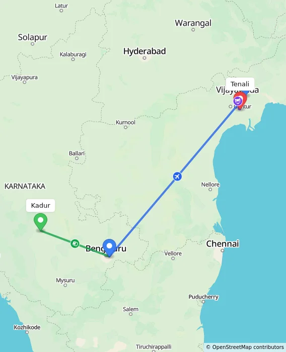 Route map showing distance and travel time from Kadur, India to Tenali, India