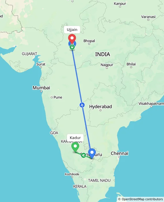 Route map showing distance and travel time from Kadur, India to Ujjain, India