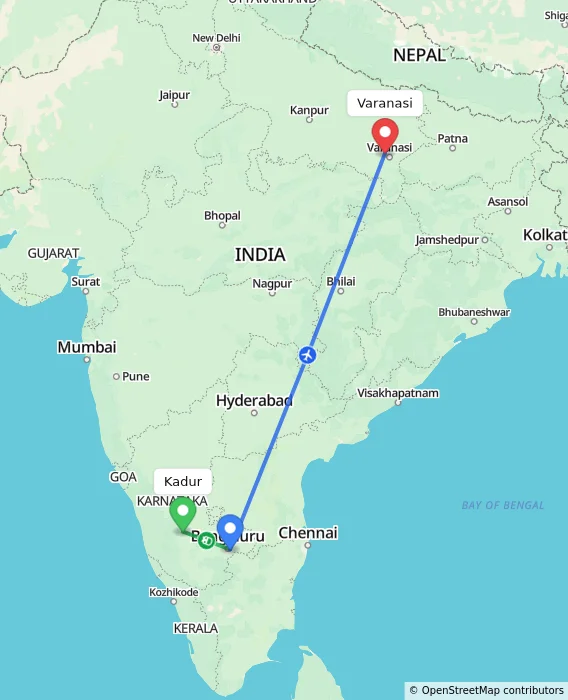 Route map showing distance and travel time from Kadur, India to Varanasi, India