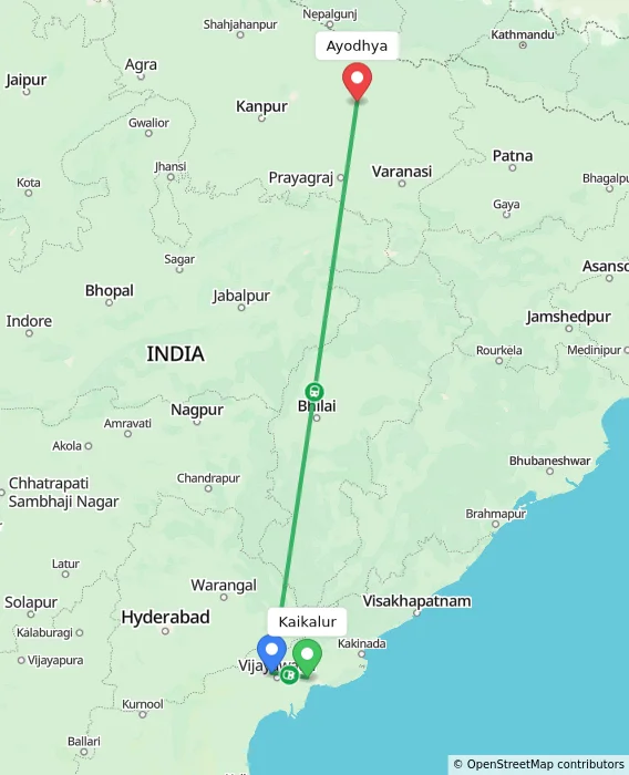 Route map showing distance and travel time from Kaikalur, India to Ayodhya, India