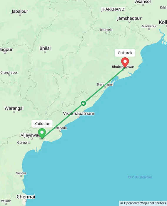 Route map showing distance and travel time from Kaikalur, India to Cuttack, India
