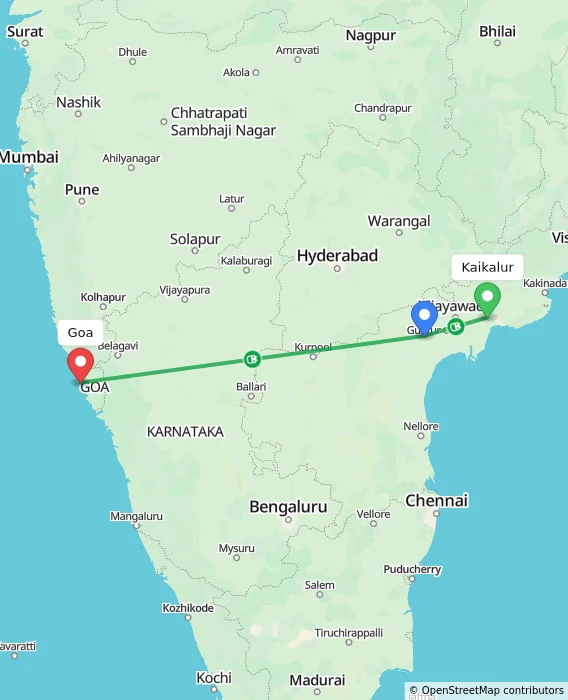 Route map showing distance and travel time from Kaikalur, India to Goa, India
